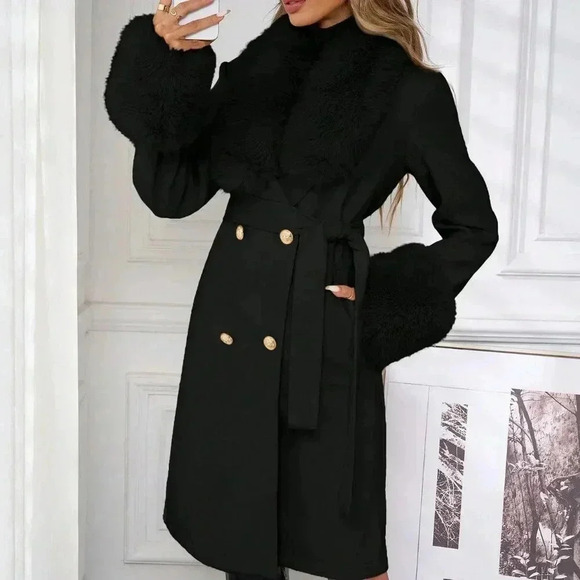 Black Elegant Women's Double-Breasted Belted Faux Fur Trimmed Wool Coat - Picture 2 of 7